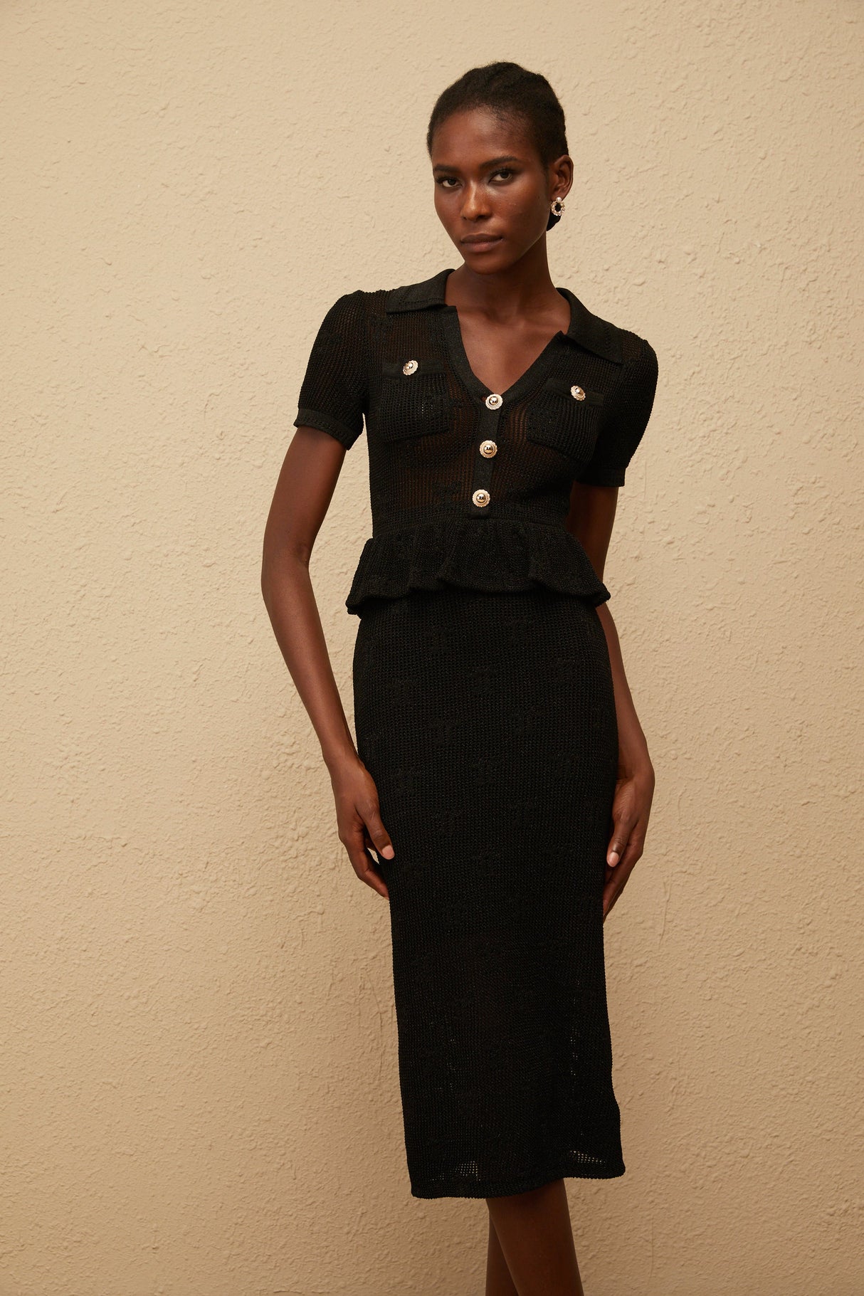 Aurohaya Theodora Black Crochet Knit Midi Dress