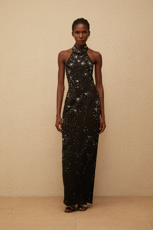 Aurohaya Perle Black Embellished Skinny Cut Maxi Dress