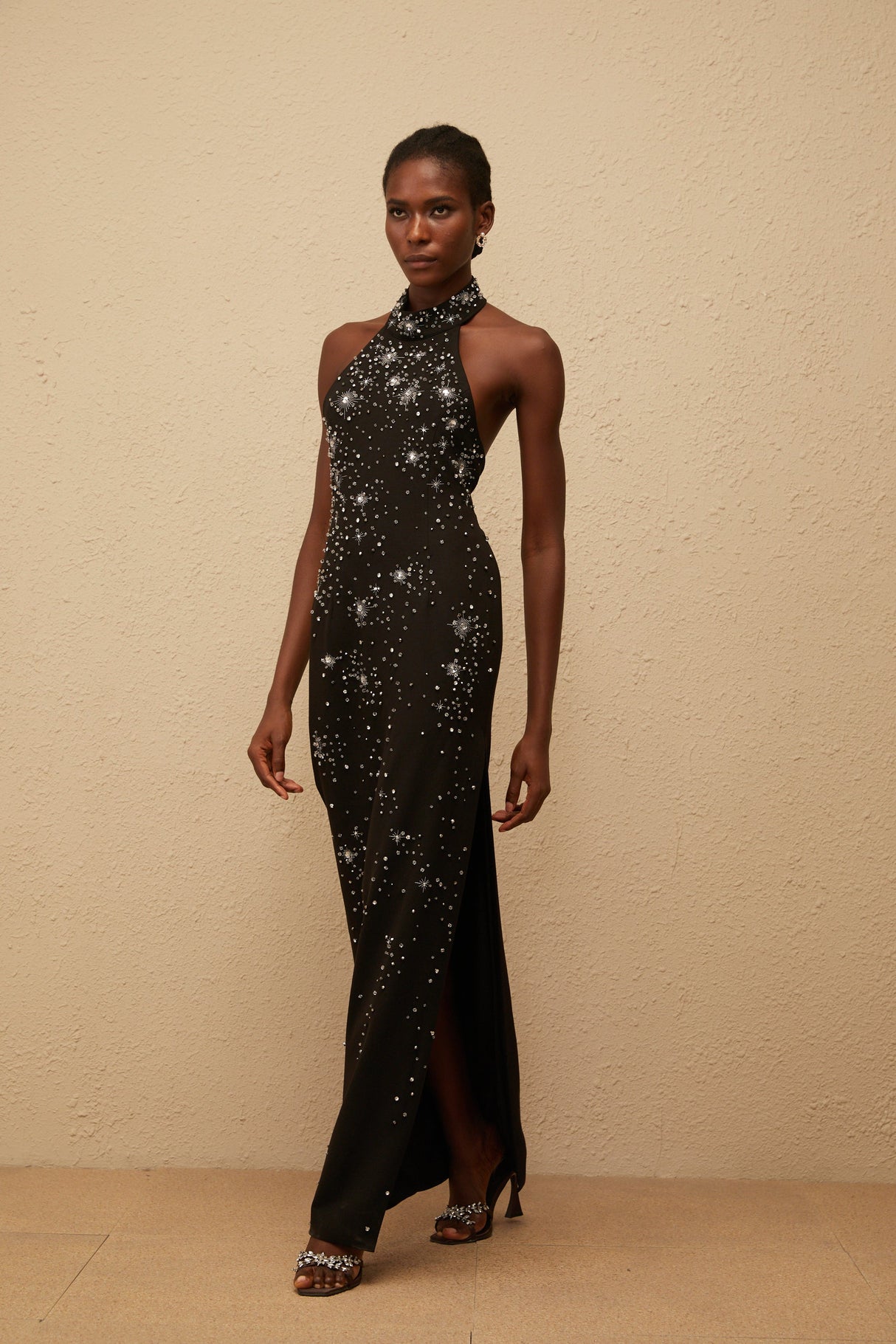 Aurohaya Perle Black Embellished Skinny Cut Maxi Dress