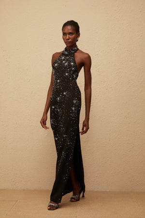 Aurohaya Perle Black Embellished Skinny Cut Maxi Dress