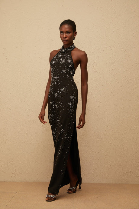 Aurohaya Perle Black Embellished Skinny Cut Maxi Dress