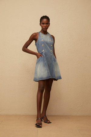 Aurohaya Gunnel Blue Faded Effect Denim Mini Dress
