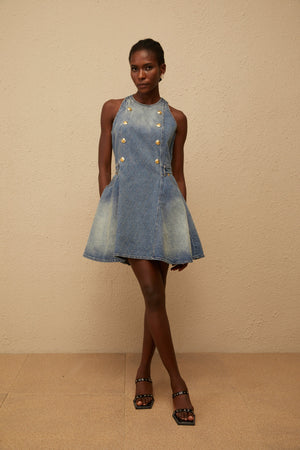 Aurohaya Gunnel Blue Faded Effect Denim Mini Dress