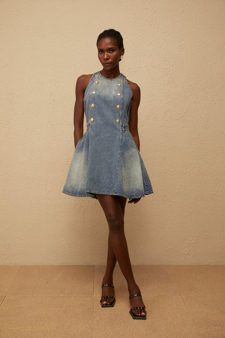 Aurohaya Gunnel Blue Faded Effect Denim Mini Dress