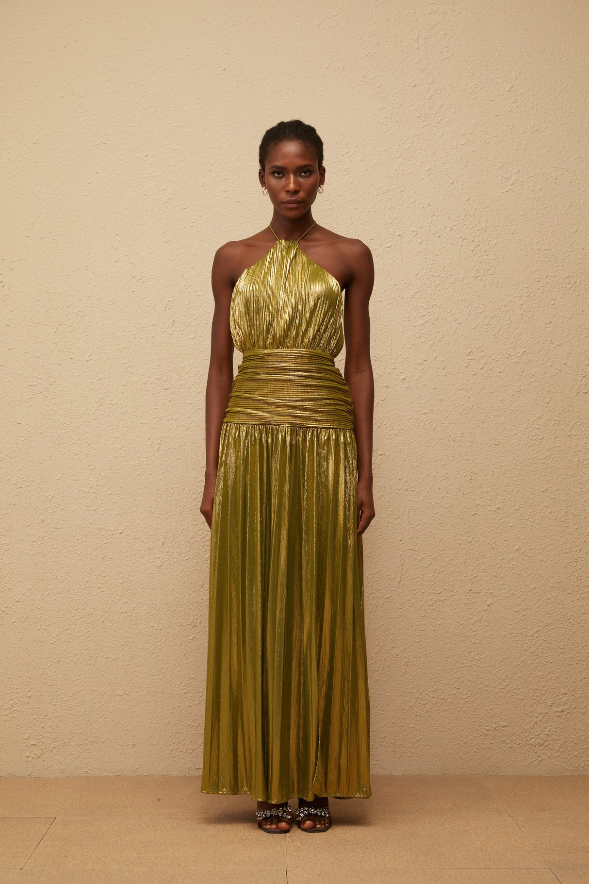 Aurohaya Alchimie Gold Glossy Pleated Maxi Dress
