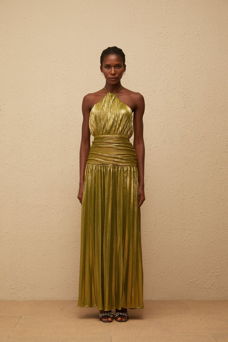 Aurohaya Alchimie Gold Glossy Pleated Maxi Dress