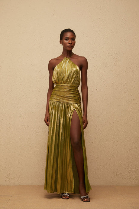 Aurohaya Alchimie Gold Glossy Pleated Maxi Dress