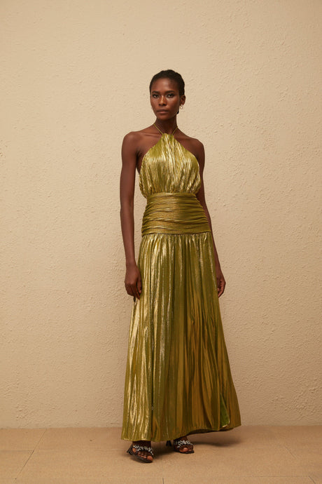 Aurohaya Alchimie Gold Glossy Pleated Maxi Dress