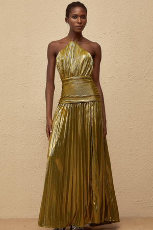 Aurohaya Alchimie Gold Glossy Pleated Maxi Dress