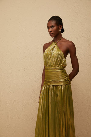 Aurohaya Alchimie Gold Glossy Pleated Maxi Dress