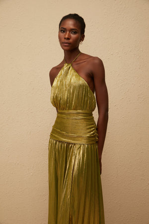 Aurohaya Alchimie Gold Glossy Pleated Maxi Dress