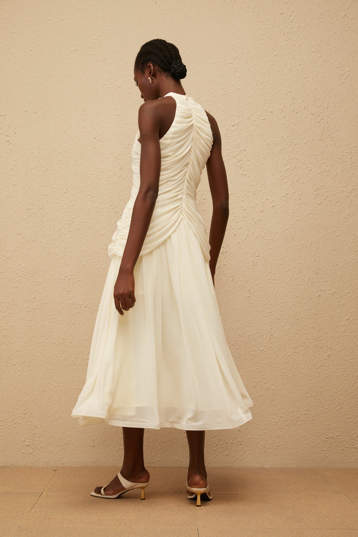 Aurohaya Martha White Faux Pearl Ruched Midi Dress