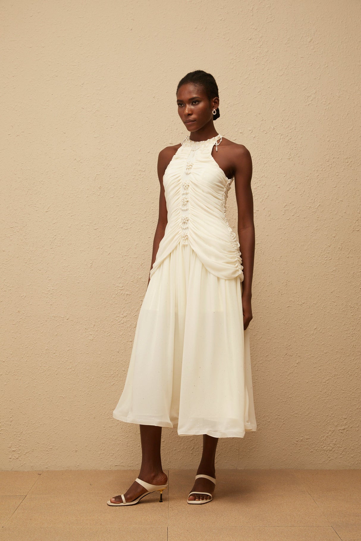 Aurohaya Martha White Faux Pearl Ruched Midi Dress