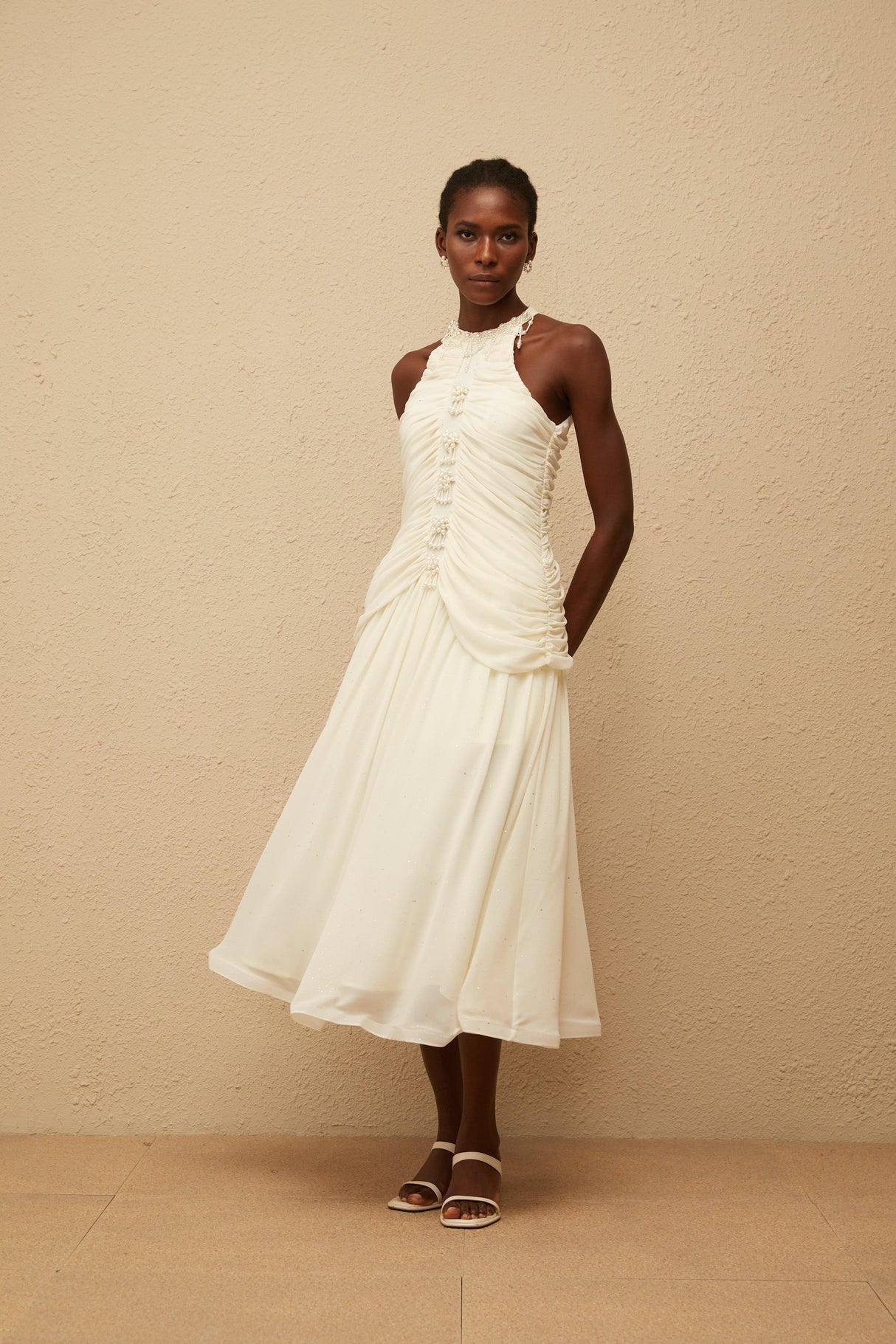 Aurohaya Martha White Faux Pearl Ruched Midi Dress