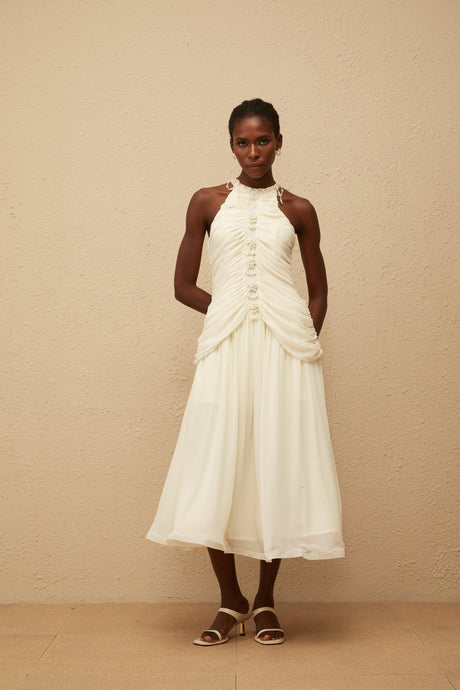 Aurohaya Martha White Faux Pearl Ruched Midi Dress