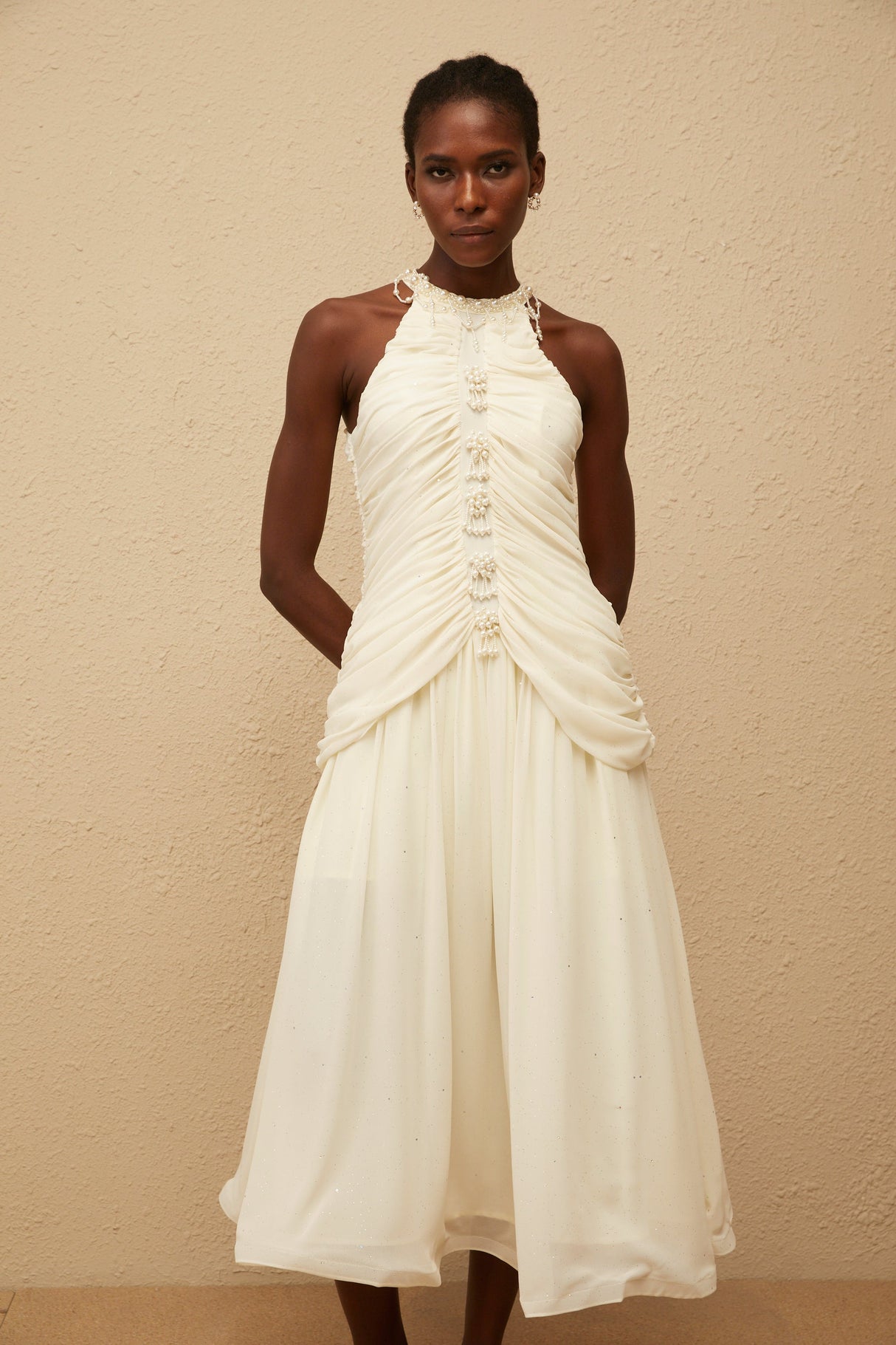 Aurohaya Martha White Faux Pearl Ruched Midi Dress