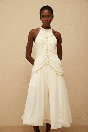 Aurohaya Martha White Faux Pearl Ruched Midi Dress
