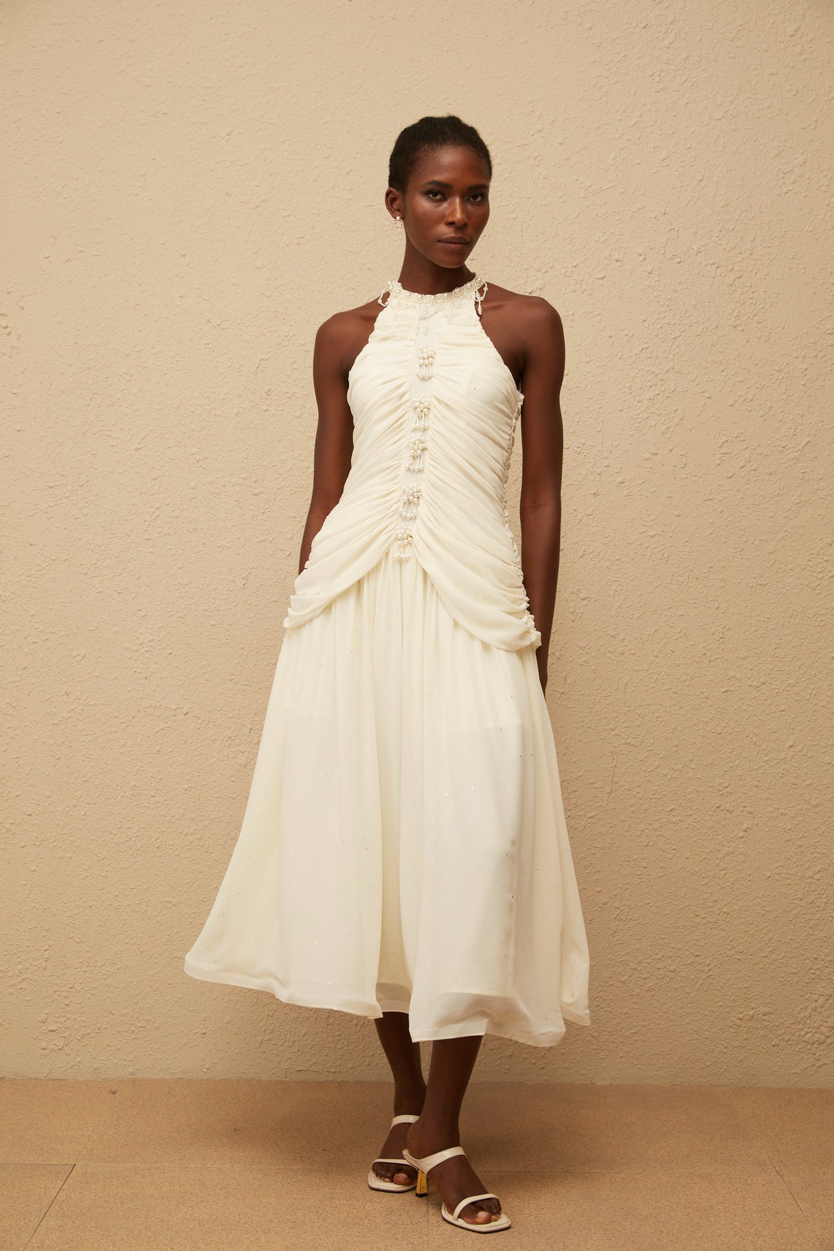 Aurohaya Martha White Faux Pearl Ruched Midi Dress