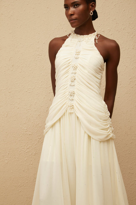 Aurohaya Martha White Faux Pearl Ruched Midi Dress