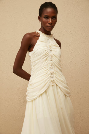 Aurohaya Martha White Faux Pearl Ruched Midi Dress