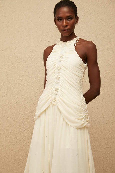 Aurohaya Martha White Faux Pearl Ruched Midi Dress
