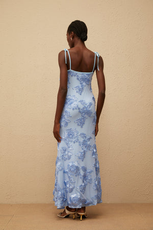 Aurohaya Énigme Blue Jacquard Floral Maxi Dress