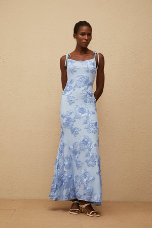 Aurohaya Énigme Blue Jacquard Floral Maxi Dress