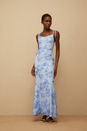 Aurohaya Énigme Blue Jacquard Floral Maxi Dress