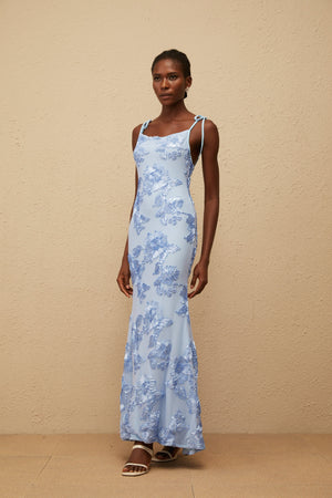 Aurohaya Énigme Blue Jacquard Floral Maxi Dress