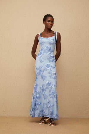 Aurohaya Énigme Blue Jacquard Floral Maxi Dress