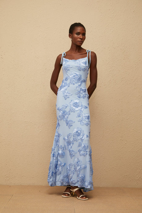 Aurohaya Énigme Blue Jacquard Floral Maxi Dress