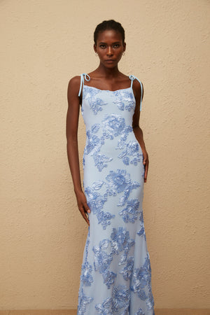 Aurohaya Énigme Blue Jacquard Floral Maxi Dress