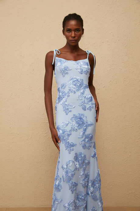 Aurohaya Énigme Blue Jacquard Floral Maxi Dress