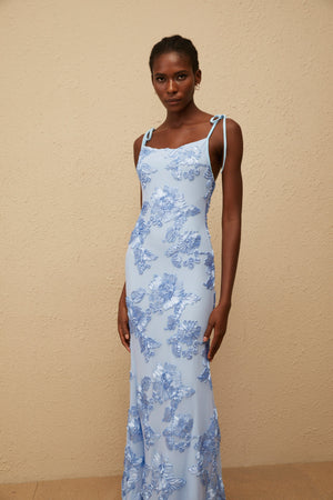 Aurohaya Énigme Blue Jacquard Floral Maxi Dress
