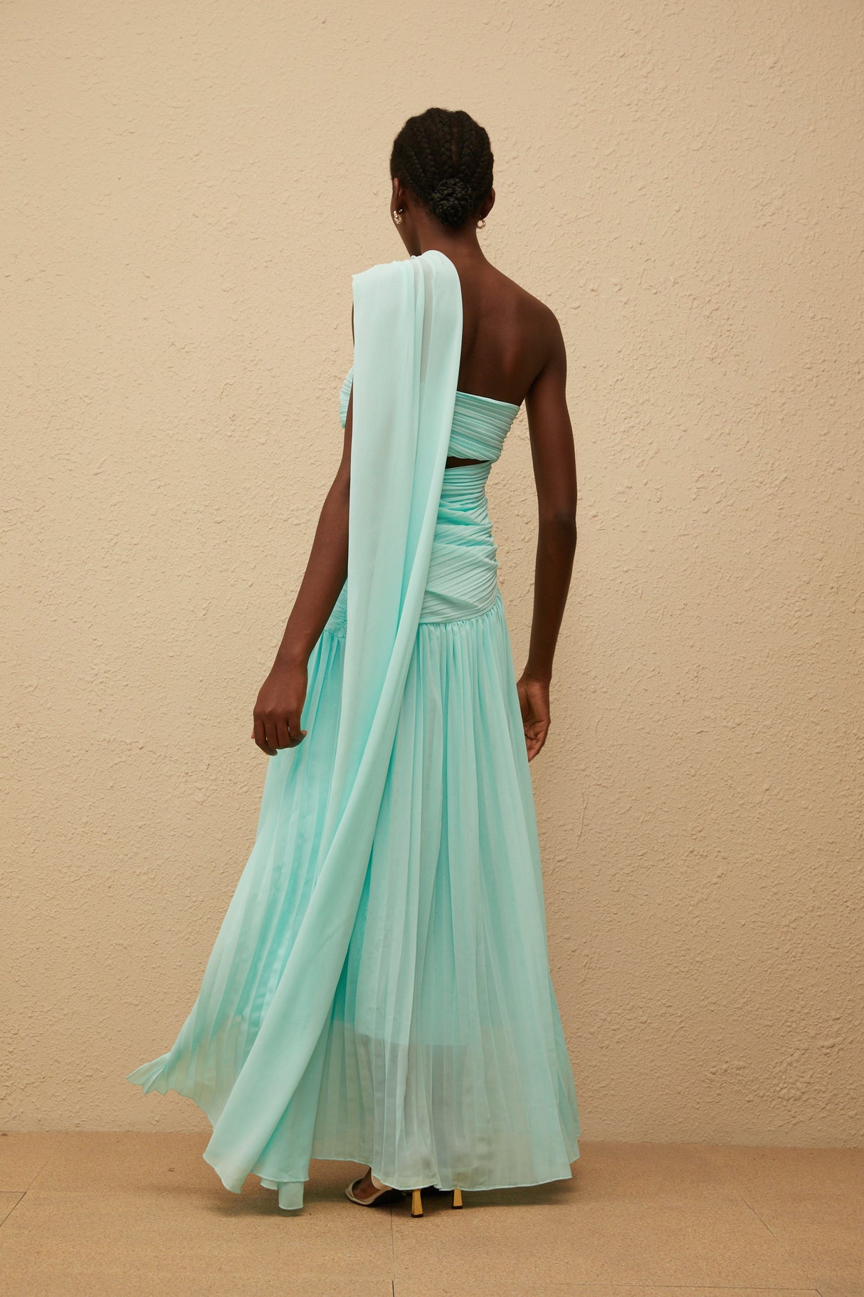 Aurohaya Katerina Mint Green Asymmetrical Pleated Maxi Dress