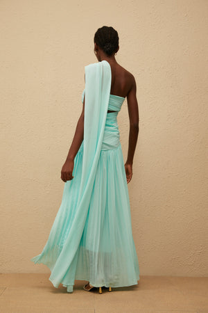 Aurohaya Katerina Mint Green Asymmetrical Pleated Maxi Dress
