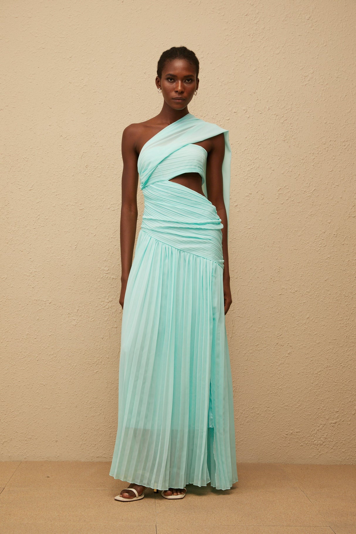 Aurohaya Katerina Mint Green Asymmetrical Pleated Maxi Dress