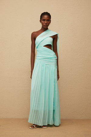 Aurohaya Katerina Mint Green Asymmetrical Pleated Maxi Dress
