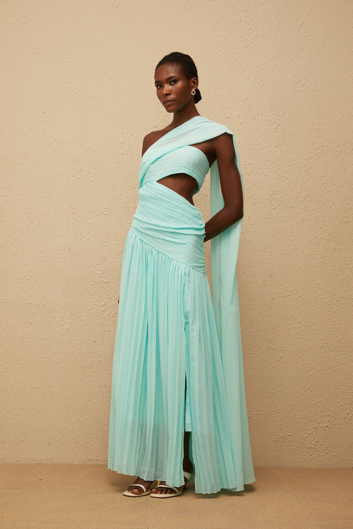 Aurohaya Katerina Mint Green Asymmetrical Pleated Maxi Dress
