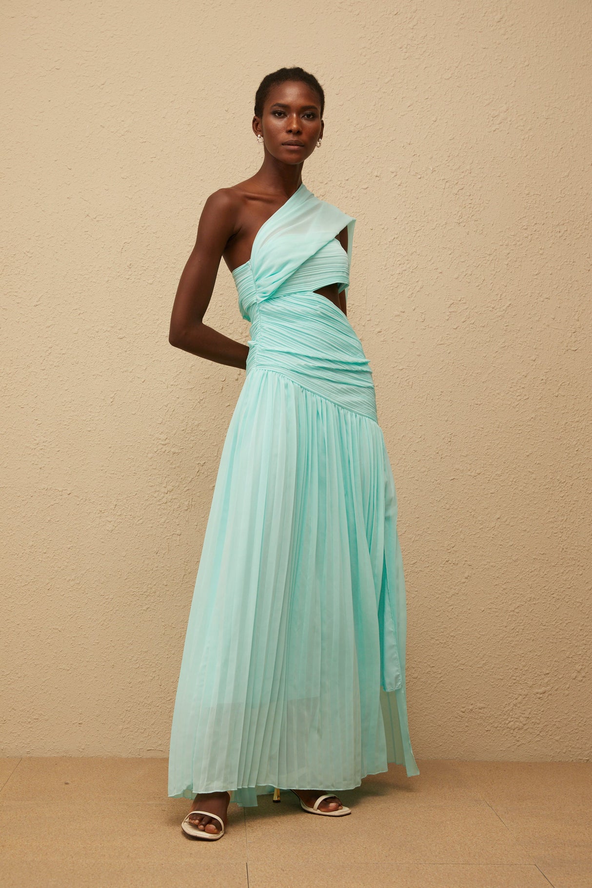 Aurohaya Katerina Mint Green Asymmetrical Pleated Maxi Dress
