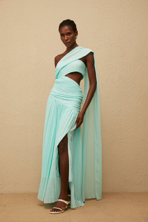 Aurohaya Katerina Mint Green Asymmetrical Pleated Maxi Dress