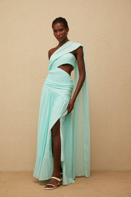 Aurohaya Katerina Mint Green Asymmetrical Pleated Maxi Dress