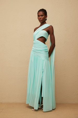 Aurohaya Katerina Mint Green Asymmetrical Pleated Maxi Dress
