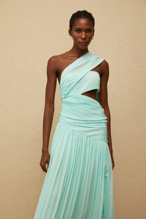 Aurohaya Katerina Mint Green Asymmetrical Pleated Maxi Dress