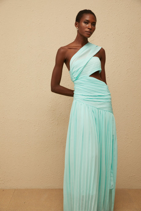 Aurohaya Katerina Mint Green Asymmetrical Pleated Maxi Dress