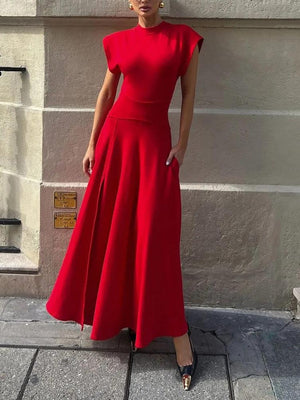Aurohaya Modern Crew Neck Slit Wide Cuffs Maxi Dress