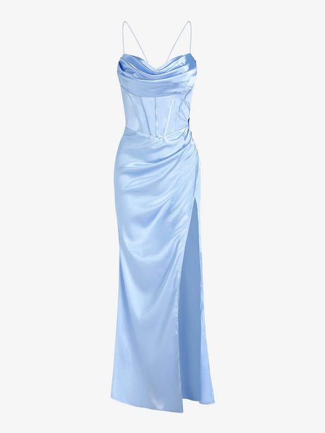Aurohaya Elegant Fitted Satin Pleated Maxi Dress