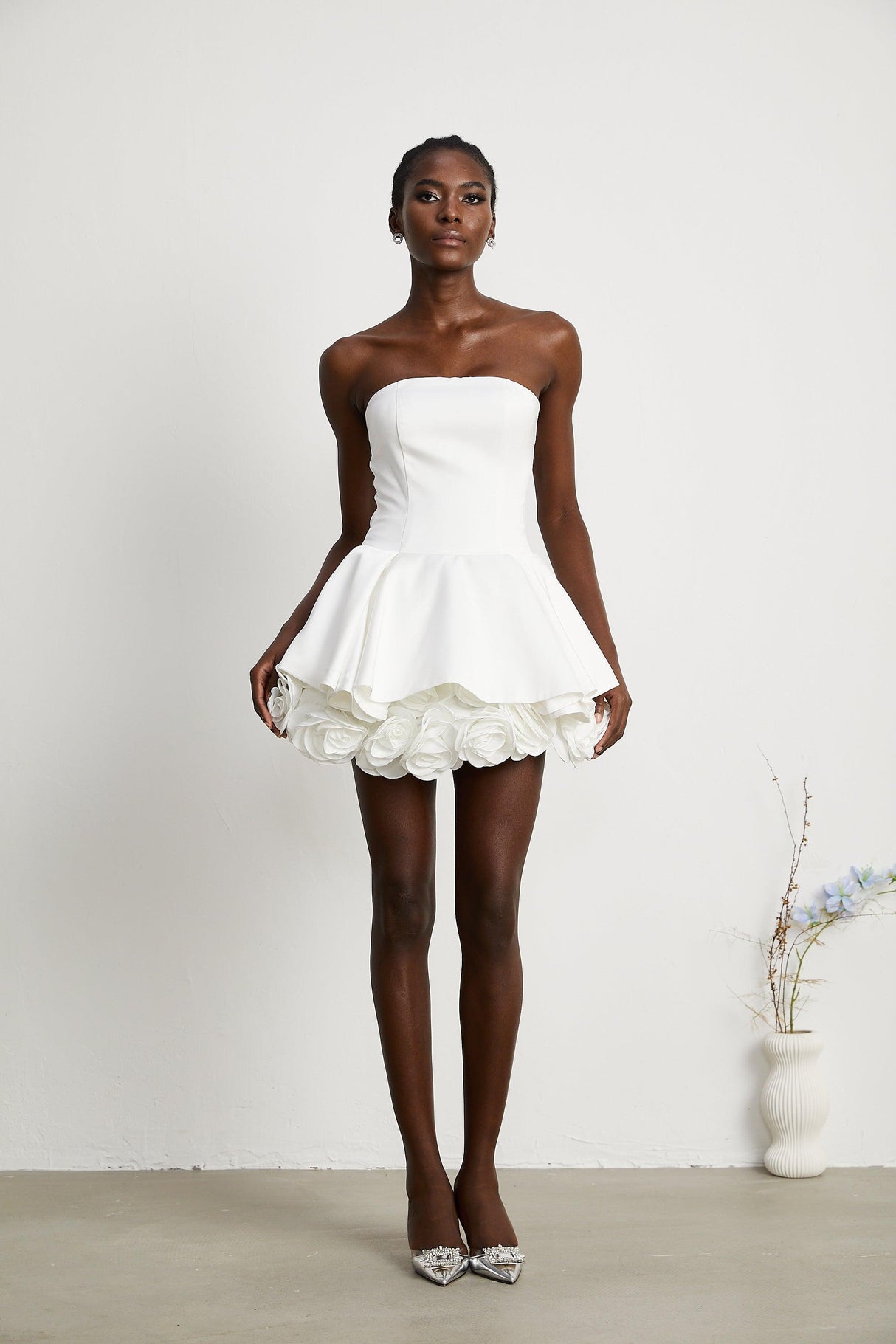 Aurohaya Maëlys white petal-layered strapless corset mini dress