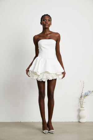 Aurohaya Maëlys white petal-layered strapless corset mini dress