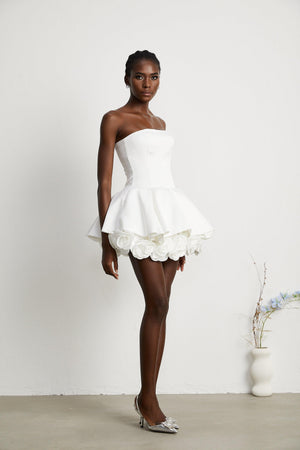 Aurohaya Maëlys white petal-layered strapless corset mini dress